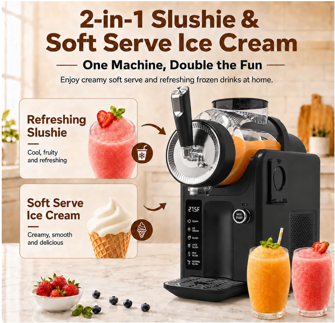 SYINTAO Slushie Machine No Ice Needed, 2-in-1 Frozen Drink & Soft Serve Ice Cream Maker, Self-Chilling Slushy Maker with 5 Presets, LED Display & Auto Clean for Home & Party