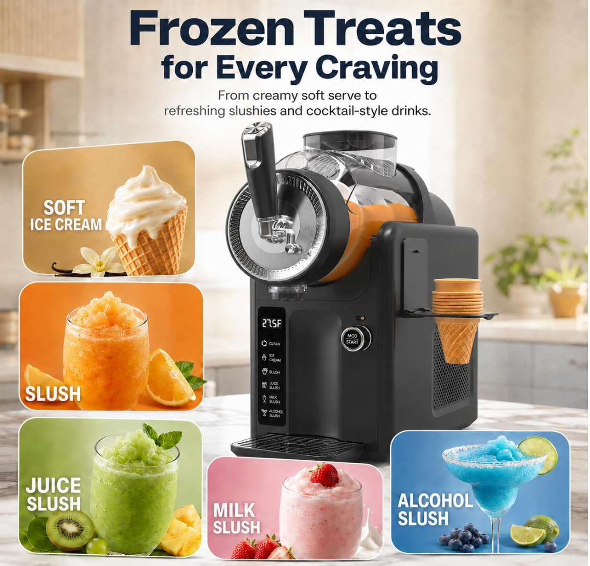 SYINTAO Slushie Machine No Ice Needed, 2-in-1 Frozen Drink & Soft Serve Ice Cream Maker, Self-Chilling Slushy Maker with 5 Presets, LED Display & Auto Clean for Home & Party